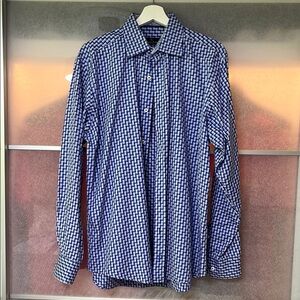 Bugatchi Blue and White Casual Button Down Shirt with Geometric Design